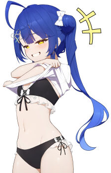 1girl absurdres amamiya_kokoro amamiya_kokoro_(7th_costume) bikini black_bikini blue_hair blush breasts commentary_request frilled_bikini frills highres hip_bones long_hair looking_at_viewer lunch_boxer navel nijisanji shirt small_breasts smile solo swimsuit twintails undressing virtual_youtuber white_shirt yellow_eyes