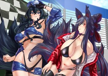 Rule 34 | 2girls, absurdres, alternate costume, animal ears, azur lane, baltimore (azur lane), baltimore (azur lane) (cosplay), baltimore (finish line flagbearer) (azur lane), bare shoulders, bikini, black bikini, black choker, black hair, black thighhighs, blue bikini, blue eyes, blue jacket, breasts, character request, checkered flag, choker, cleavage, co loa castle (oshiro project), cosplay, cropped jacket, eggprotain, flag, folded hair, fox ears, fox girl, fox tail, gloves, hair between eyes, hat, highleg, highleg bikini, highres, jacket, kitsune, kyuubi, large breasts, long hair, multi-strapped bikini bottom, multiple girls, multiple tails, navel, official alternate costume, oshiro project:re, peaked cap, race flag, race queen, red eyes, red jacket, shorts, single glove, swimsuit, taihou (azur lane), taihou (azur lane) (cosplay), taihou (enraptured companion) (azur lane), tail, thighhighs, updo