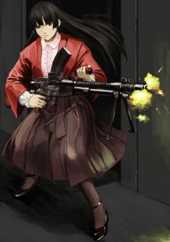 1girl black_eyes black_hair black_thighhighs blunt_bangs firing floating_hair gun high_heels highres hime_cut holding holding_gun holding_weapon light_machine_gun long_hair machine_gun original skirt solo thighhighs tyokugekidato type_96_light_machine_gun weapon