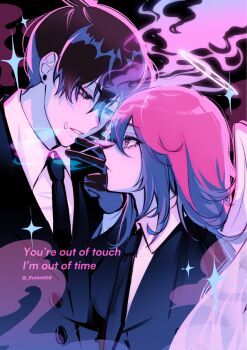 2boys androgynous angel_devil_(chainsaw_man) black_gloves black_hair black_jacket black_necktie black_suit chainsaw_man cigarette collared_shirt commentary english_commentary english_text expressionless eye_contact formal_clothes gloves grey_eyes hair_between_eyes hayakawa_aki highres holding holding_cigarette jacket looking_at_another male_focus medium_hair mih0 multiple_boys necktie parted_lips pink_eyes pink_hair shirt smoking suit topknot twitter_username white_shirt