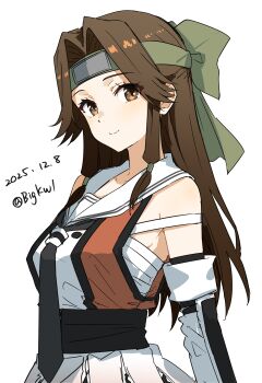 Rule 34 | 1girl, absurdres, bare shoulders, bigkwl, black necktie, blush, brown eyes, brown hair, closed mouth, commentary, dated, dated commentary, detached sleeves, green headband, headband, highres, jintsuu (kancolle), kantai collection, long hair, looking at viewer, necktie, one-hour drawing challenge, sailor collar, shirt, simple background, smile, solo, twitter username, upper body, white background, white sailor collar, white shirt