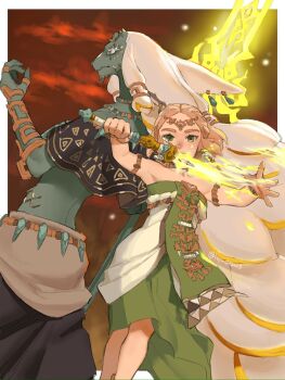 1boy 1girl ancestor_and_descendant bare_shoulders blonde_hair braid crown_braid earrings furry furry_male green_eyes highres horns hyrule_warriors:_age_of_imprisonment ivy_(sena0119) jewelry long_hair necklace nintendo photokinesis pointy_ears polearm princess_zelda rauru_(tears_of_the_kingdom) short_hair spear teardrop_facial_mark the_legend_of_zelda the_legend_of_zelda:_tears_of_the_kingdom very_long_ears very_long_hair weapon white_hair zonai