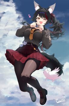 1girl ;d absurdres animal_ear_fluff animal_ears aran_sweater belt black_belt black_hair black_pantyhose blue_sky boots brown_boots cable_knit cloud collared_shirt commentary_request curio_(curiofinity) fang four-finger_heart_hands full_body grey_shirt heart heart_hands highres hololive long_hair looking_at_viewer midair miniskirt multicolored_hair necktie official_alternate_costume official_alternate_hairstyle one_eye_closed ookami_mio ookami_mio_(10th_costume) open_mouth outdoors pantyhose plaid_clothes plaid_skirt ponytail red_hair red_skirt shirt short_necktie sidelocks skin_fang skirt sky smile solo streaked_hair sweater sweater_tucked_in tail virtual_youtuber wolf_ears wolf_girl wolf_tail yellow_eyes