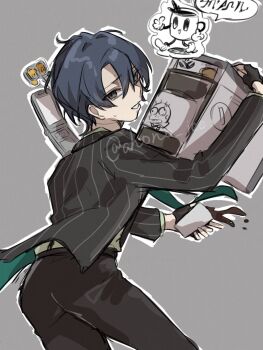 1boy aisu_(ahono_ice) black_gloves black_hair black_jacket black_pants business_suit cellphone coffee coffee_maker cowboy_shot cup fingerless_gloves flip_phone formal_clothes from_side gloves green_necktie grey_background grey_eyes hands_up highres holding holding_cup jacket jiaquan_(xinyue_tongxing) male_focus necktie pants parted_lips phone pinstripe_jacket pinstripe_pattern salaryman short_hair solo spilling striped_clothes striped_jacket suit sweat twitter_username vertical-striped_clothes vertical-striped_jacket xinyue_tongxing