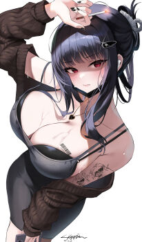 1girl absurdres arm_up barcode barcode_tattoo bare_shoulders black_bra black_dress black_hair black_nails bra breasts brown_cardigan cardigan cigarette cleavage closed_mouth d_(killer_wife)_(nikke) d_(nikke) dress folded_ponytail frown glint goddess_of_victory:_nikke hair_ornament hairclip hashtag-only_commentary heart highres holding holding_cigarette holding_phone jewelry large_breasts lkeris long_hair long_sleeves looking_at_viewer mask mask_pull mouth_mask nail_polish necklace off_shoulder open_cardigan open_clothes phone red_eyes shaded_face shoulder_tattoo simple_background sleeveless sleeveless_dress solo spaghetti_strap sweat tattoo underwear white_background