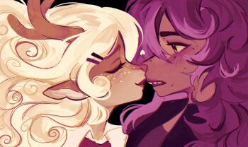 2girls animal_ears blonde_hair closed_eyes collared_shirt commentary deer_ears deer_girl deltarune english_commentary furry furry_female hair_ornament hairclip highres imminent_kiss long_hair multiple_girls noelle_holiday purple_hair rozekatalina sharp_teeth shirt susie_(deltarune) teeth utdr_(toby_fox) yuri