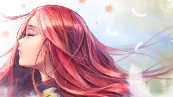 1girl bad_tag closed_eyes feathers female_focus long_hair original red_hair solo wet_elephant_(artist)