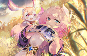 1girl blue_eyes book breasts commentary cyrene_(aedes_elysiae)_(honkai:_star_rail) cyrene_(honkai:_star_rail) dress elphe english_commentary hair_ornament highres holding holding_book honkai:_star_rail honkai_(series) looking_at_viewer lying mem_(honkai:_star_rail) on_back pink_hair short_hair small_breasts smile star-shaped_pupils star_(symbol) symbol-shaped_pupils wheat wheat_field white_dress