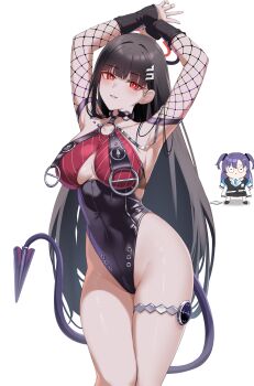 2girls absurdres black_hair black_halo black_one-piece_swimsuit blue_archive breasts commentary cosplay english_commentary fishnet_sleeves fishnets halo highres jane_doe_(nocturne_of_light)_(zenless_zone_zero) jane_doe_(zenless_zone_zero) jane_doe_(zenless_zone_zero)_(cosplay) katsuboys large_breasts long_hair multiple_girls one-piece_swimsuit parted_lips red_eyes red_one-piece_swimsuit rio_(blue_archive) simple_background swimsuit tail two-tone_one-piece_swimsuit white_background yuuka_(blue_archive) zenless_zone_zero