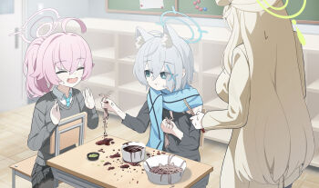3girls ahoge animal_ear_fluff animal_ears black_skirt blonde_hair blue_archive blue_eyes blue_halo blue_necktie blue_scarf bowl chair chopsticks classroom coat collared_shirt commentary_request cross cross_hair_ornament desk dirty eating fang food garados_(limmjiiiminnn99) getabako green_halo grey_hair grey_sweater hair_bun hair_ornament halo highres holding holding_chopsticks hoshino_(blue_archive) hoshino_(second_year)_(blue_archive) indoors inverted_cross long_hair messy_eater mismatched_pupils multiple_girls necktie nonomi_(blue_archive) noodles offering_food open_mouth pink_halo ponytail rags ramen sauce scarf school_chair school_desk shiroko_(blue_archive) shiroko_(young)_(blue_archive) shirt short_hair single_side_bun skirt sweater torn_clothes white_shirt wolf_ears wolf_girl yellow_coat