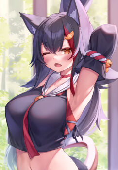 1girl absurdres animal_ear_fluff animal_ears arm_behind_head armpits arms_up bell between_breasts black_hair black_shirt blush breasts choker crop_top deaver detached_sleeves eyes_visible_through_hair fang hair_between_eyes hair_ornament highres hololive jingle_bell kouhaku_nawa large_breasts long_hair looking_at_viewer midriff multicolored_hair navel necktie necktie_between_breasts one_eye_closed ookami_mio ookami_mio_(1st_costume) open_mouth red_choker red_eyes red_hair rope sailor_collar shimenawa shirt short_necktie solo streaked_hair tail upper_body virtual_youtuber white_sailor_collar wolf_ears wolf_girl wolf_tail