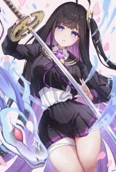 1girl ahoge bandage_on_leg bandage_on_thigh bandaged_leg bandages black_hair black_sailor_collar black_serafuku black_skirt chitose_(stella_sora) colored_inner_hair highres holding holding_sword holding_weapon layered_shirt long_hair looking_at_viewer miniskirt mole mole_under_eye multicolored_hair one_side_up parted_lips pleated_skirt purple_eyes purple_hair purple_ribbon ribbon sailor_collar school_uniform serafuku shirt shupita sidelocks skirt snake solo stella_sora sword very_long_hair water weapon white_background white_shirt