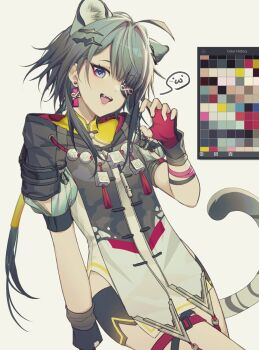 Rule 34 | 1girl, ahoge, animal ears, arknights, arknights: endfield, black gloves, black shorts, blue eyes, commentary, cowboy shot, dress, earrings, ev-oo, extra ears, eyepatch, fang, fingerless gloves, flat chest, gloves, grey dress, grey hair, hair ornament, hairclip, hand up, jewelry, long hair, makeup, open mouth, pink gloves, short hair, short sleeves, shorts, simple background, solo, spoken expression, tail, tangtang (arknights), tassel, tassel earrings, tiger ears, tiger girl, tiger tail, two-sided gloves, white background
