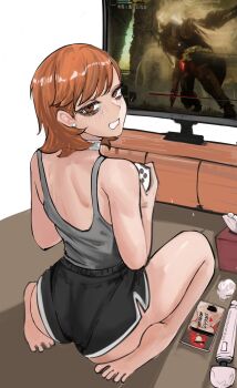 1girl ass bare_shoulders blush brown_eyes brown_hair cellphone controller crossover dildo elden_ring game_controller looking_back nero_watch persona persona_3 phone playing_games sex_toy short_hair short_shorts shorts sitting sleeveless takeba_yukari teeth television tissue tissue_box