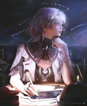 1girl absurdres artist_name closed_mouth commentary earrings english_commentary grey_hair halo hand_up highres holding holding_pen id_card jacket jewelry long_hair male_rover_(wuthering_waves) mornye_(wuthering_waves) objectification pen red_eyes rover_(wuthering_waves) smile solo triangle_earrings turning_head ui_uiiiiiiiii white_jacket wuthering_waves