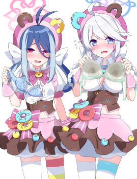 2girls absurdres ahoge asymmetrical_legwear blue_archive blue_eyes blue_hair blush bow bra braid breasts donut food fubuki_(blue_archive) fubuki_(idol)_(blue_archive) hair_rings halo highres kirino_(blue_archive) kirino_(idol)_(blue_archive) medium_breasts mismatched_legwear multicolored_hair multiple_girls official_alternate_costume open_mouth orange-bird presenting_bra red_eyes removing_bra simple_background small_breasts spoken_sweatdrop sprinkles striped_clothes striped_thighhighs sweat_stain sweatdrop thighhighs twin_braids two-tone_hair unbuttoned unbuttoned_shirt underwear white_hair
