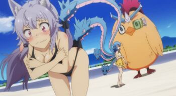 1boy 2girls ahoge animal_ears animated animated_gif ass baby_animal beach bikini bird black_bikini blue_hair blush breasts chick cleavage clothes_pull collarbone covering_breasts covering_privates genderswap genderswap_(mtf) groin hair_ornament hydra_(kaijin_kaihatsubu_no_kuroitsu-san) kaijin_kaihatsu-bu_no_kuroitsu-san large_breasts long_hair multiple_girls ocean pulling pulling_another&#039;s_clothes pulling_at_clothes red_eyes swimsuit tail thighs wedgie wide_hips wolf_bate wolf_ears wolf_girl wolf_tail