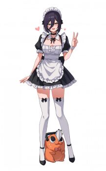 Rule 34 | 1girl, apron, bababa1001, back bow, black choker, black dress, black ribbon, black shoes, blush, bow, bow legwear, bowtie, breasts, chainsaw man, choker, cleavage, commentary, creature, detached collar, dress, full body, green eyes, hair between eyes, highres, looking at another, looking at viewer, maid, maid headdress, medium breasts, medium hair, neck ribbon, open mouth, pochita (chainsaw man), puffy short sleeves, puffy sleeves, purple hair, red bow, red bowtie, reze (chainsaw man), ribbon, shoes, short dress, short sleeves, smile, sweatdrop, symbol-only commentary, thighhighs, v, waist apron, white background, white thighhighs, white wrist cuffs, wrist cuffs