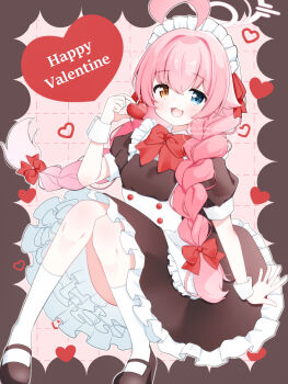 Rule 34 | 1girl, :3, :d, absurdres, ahoge, alternate costume, apron, blue archive, blue eyes, blush, border, bow, bowtie, braid, brown border, brown dress, brown shoes, commentary request, crossed bangs, detached collar, dress, english text, enmaided, fang, frilled apron, frilled dress, frills, full body, grid background, hair between eyes, hair flaps, hair intakes, hair over shoulder, halo, happy valentine, heart, heterochromia, highres, hoshino (blue archive), huge ahoge, kneehighs, looking at viewer, low twin braids, maid, maid apron, maid headdress, mary janes, open mouth, orange eyes, petako (ptpt k), pink background, pink hair, pink halo, puffy short sleeves, puffy sleeves, red bow, red bowtie, shoes, short sleeves, sidelocks, signature, sitting, skin fang, smile, socks, solo, twin braids, twitter username, watermark, white socks, wrist cuffs