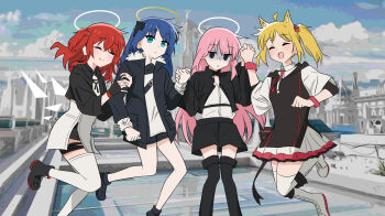 4girls ahoge animal_ears arknights black_boots black_dress black_gloves black_jacket black_skirt blonde_hair blue_eyes blue_hair bocchi_the_rock! boots breasts closed_eyes closed_mouth collared_dress cropped_jacket dress exusiai_(arknights) exusiai_the_new_covenant_(arknights) fingerless_gloves gloom_(expression) gloves goemjeong_jungdok_(black_addict) halo highres holding_another's_arm holding_hands horns jacket lemuen_(arknights) long_hair long_sleeves looking_at_viewer medium_breasts medium_hair mostima_(arknights) multiple_girls one_side_up open_clothes open_jacket open_mouth outdoors parody pink_hair red_hair scene_reference sidelocks skirt small_breasts smile solid_oval_eyes sora_(arknights) split_mouth standing standing_on_one_leg statue style_parody thigh_boots thigh_strap thighhighs three-quarter_sleeves twintails white_boots white_dress white_thighhighs wolf_ears wolf_girl