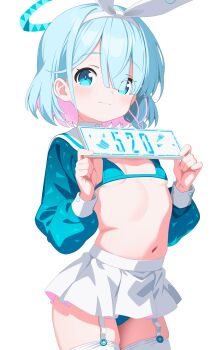 1girl :3 absurdres aqua_eyes aqua_hair aqua_pupils arched_back arona_(blue_archive) bikini blue_archive blue_bikini blue_halo blue_shirt blunt_bangs blush bow bow_hairband braid breasts bright_pupils c-r-carlos closed_mouth colored_inner_hair commentary cowboy_shot dot_nose garter_straps hair_over_one_eye hairband halo hands_up highres holding holding_sign loli long_sleeves looking_at_viewer making-of_available medium_hair micro_bikini microskirt multicolored_hair navel parted_bangs photoshop_(medium) pink_hair pleated_skirt puffy_long_sleeves puffy_sleeves sailor_collar shirt shrug_(clothing) sign simple_background single_braid skindentation skirt sleeve_cuffs small_breasts smile solo split_mouth swimsuit tareme thighhighs thighs two-sided_fabric two-sided_skirt white_background white_bow white_hairband white_sailor_collar white_skirt white_thighhighs