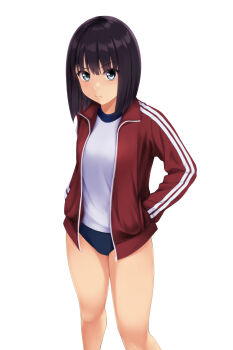 1girl :i black_hair blue_buruma breasts buruma closed_mouth commentary_request feet_out_of_frame grey_eyes hands_in_pockets highres jacket kamikawa_mayuko_(nonaka_ritsu) long_sleeves looking_at_viewer nonaka_ritsu open_clothes open_jacket original pout puffy_long_sleeves puffy_sleeves red_jacket shirt simple_background small_breasts solo standing track_jacket white_background white_shirt