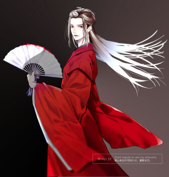 Rule 34 | 1boy, bishounen, black background, brown hair, chinese clothes, closed mouth, commentary request, floating hair, folding fan, from side, gradient background, grey background, grey eyes, hair ornament, hair stick, hand fan, hanfu, holding, holding fan, long hair, long sleeves, looking at viewer, male focus, pale skin, paper fan, red hanfu, robe, simple background, solo, standing, tassel, tianya ke, twitter username, watermark, wen kexing, wide sleeves, ykmr (haga)