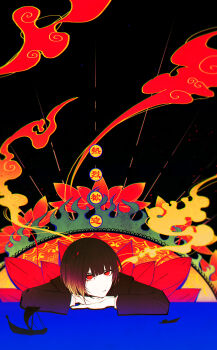 Rule 34 | 1boy, absurdres, black hair, commentary, fire, flower, gakuran, highres, hinode (ooe), kurosawa (adelta), lotus, male focus, ocean, official art, ooe (game), red eyes, school uniform, ship, smoke, untranslatable commentary, watercraft, xiangyun