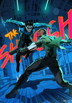 2boys absurdres artist_name bat_signal batman_(series) batman_symbol black_bodysuit black_gloves black_hair blue_bodysuit blue_mask bodysuit brown_jacket dc_comics gloves grey_bodysuit gun handgun highres holding holding_weapon holster jacket jason_todd large_pectorals male_focus mask multicolored_bodysuit multiple_boys muscular muscular_male nightwing open_clothes pants pectorals red_hood_(dc) red_mask short_hair smile superhero_costume taut_bodysuit thigh_holster two-tone_bodysuit we_5104 weapon