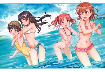2023 20s 4girls absurdres bare_shoulders beach bikini black_hair blue_eyes blush border bow breasts brown_eyes brown_hair cleft_of_venus collarbone day flower frilled_bikini frills grabbing_from_behind hair_bow hair_flower hair_ornament halterneck highres hug huge_filesize isshi_pyuma looking_at_another matching_hair/eyes medium_breasts micro_bikini misaka_mikoto multiple_girls navel ocean open_mouth saten_ruiko scan shirai_kuroko short_hair sky small_breasts smile splashing standing stomach swimsuit thighs toaru_kagaku_no_railgun toaru_majutsu_no_index twintails uiharu_kazari water wet white_border