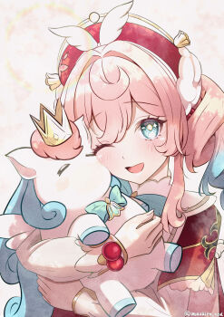 Rule 34 | 1girl, animal, animal hug, aqua eyes, aqua hair, dress, drill hair, gradient hair, hair intakes, hat, highres, holding, holding animal, honkai: star rail, honkai (series), hyacine (honkai: star rail), little ica (honkai: star rail), long hair, looking at viewer, mashiro (user 65392488), memosprite, multicolored hair, one eye closed, open mouth, pink hair, red dress, red hat, revision, smile, solo, sparkling eyes, twin drills, twitter username