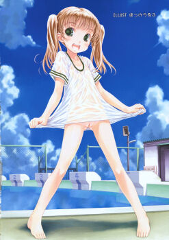 1girl :d barefoot blonde_hair bottomless chain-link_fence cleft_of_venus cloud comic_rin day faucet feet female_focus fence flat_chest focke_wulf full_body green_eyes highres legs_apart loli naked_shirt nipples no_panties nude one-piece_tan open_mouth outdoors pale_skin petite pool poolside pussy reflection scan scan_artifacts see-through_clothes shadow shirt skinny sky smile solo source_request standing starting_block tan tanline twintails uncensored water wet wet_clothes wet_shirt