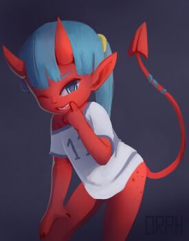 1girl blue_eyes blue_hair bottomless colored_skin demon_girl demon_horns demon_tail feet_out_of_frame female_focus grey_background hand_on_own_thigh horns loli long_hair looking_at_viewer naked_shirt one_eye_closed orphira pointy_ears ponytail red_skin shirt smile solo standing t-shirt tail teeth white_shirt wink