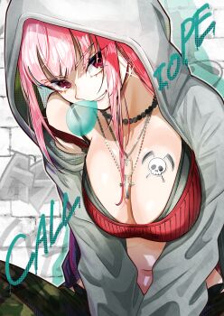 1girl absurdres black_bra black_panties blowing_bubble_gum bra breasts camouflage camouflage_pants character_name chewing_gum commentary crop_top cross cross_necklace green_pants grey_jacket grin highres hololive hololive_english hood hood_up hooded_jacket iris_(tb33064667) jacket jewelry large_breasts long_hair looking_at_viewer mori_calliope multiple_necklaces navel necklace panties pants panty_peek pink_hair red_eyes red_shirt ribbed_shirt shirt sitting smile solo strap_slip underwear virtual_youtuber