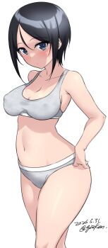 1girl black_hair blue_eyes blush breasts chouno_ami cleavage collarbone girls_und_panzer grey_panties grey_sports_bra hand_on_own_hip kuzuryuu_kennosuke large_breasts looking_at_viewer navel panties short_hair simple_background solo sports_bra underwear white_background
