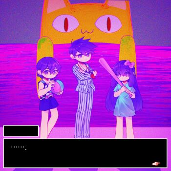 ... 1girl 2boys antenna_hair aubrey_(headspace)_(omori) aubrey_(omori) bad_id bad_twitter_id ball baseball_bat big_yellow_cat_(omori) blue_shirt bow bright_pupils checkered_clothes closed_mouth collarbone collared_pajamas colored_skin dialogue_box double-parted_bangs hair_between_eyes hair_bow hero_(headspace)_(omori) hero_(omori) highres holding holding_ball holding_baseball_bat kel_(headspace)_(omori) kel_(omori) long_shirt looking_at_viewer morivivi3 multiple_boys omori pajamas pants pink_bow purple_eyes purple_hair purple_shorts shirt short_hair short_sleeves shorts sidelocks striped_clothes striped_pajamas striped_pants t-shirt tank_top third-party_source vertical-striped_clothes vertical-striped_pajamas vertical-striped_pants white_pajamas white_pants white_pupils white_skin