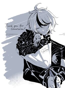 1boy armband bouquet character_doll commentary commission cropped_torso doll english_commentary english_text flower greyscale hair_between_eyes highres holding holding_bouquet hole_in_chest hole_on_body jacket kashimiya_karua long_sleeves male_focus mero_(merope_hika) mixed-language_commentary monochrome multicolored_hair rose solo streaked_hair sumino_takumi thank_you the_hundred_line_-last_defense_academy- two-tone_hair