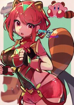 animal_ears animated animated_gif blinking bouncing_breasts breasts hirotaka_(hrtk990203) kirby kirby_(series) large_breasts nintendo pyra_(xenoblade) raccoon_ears raccoon_girl raccoon_tail red_eyes red_hair super_smash_bros. tail tiara xenoblade_chronicles_(series) xenoblade_chronicles_2