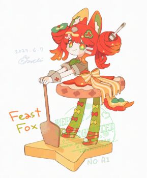 1girl animal_ear_fluff animal_ears blush_stickers bow bow_legwear brown_shirt closed_mouth collared_shirt commentary contrast_collar dated double-parted_bangs double_bun food-themed_clothes fork fox_ears fox_girl full_body green_eyes green_neckerchief green_pantyhose hair_bun long_hair looking_at_viewer mochimura_sorata neckerchief original pantyhose red_bow red_hair red_shoes red_skirt shirt shoes short_sleeves signature simple_background skirt smile solo standing striped_bow symbol-only_commentary watermark white_background yellow_bow yellow_pupils