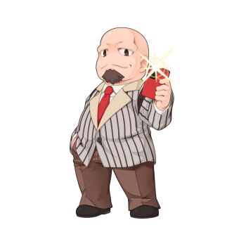 1boy bald beard black_shoes blazer brown_eyes brown_pants cellphone chibi chibi_only cinematographer_(ragnarok_online) closed_mouth collared_shirt facial_hair full_body grey_jacket holding holding_phone jacket long_sleeves looking_at_viewer male_focus necktie official_art pants phone ragnarok_online red_necktie shirt shoes simple_background smartphone smile solo striped_clothes striped_jacket transparent_background white_shirt yuichirou