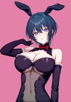 Rule 34 | 1girl, alternate costume, animal ears, bare shoulders, black gloves, blue eyes, bodystocking, breasts, cleavage, commentary request, elbow gloves, fake animal ears, fire emblem, fire emblem: three houses, genderswap, genderswap (mtf), gloves, green hair, large breasts, leotard, male byleth (fire emblem), nintendo, ootuk, pink background, playboy bunny, rabbit ears, see-through clothes, see-through leotard, short hair, simple background, solo, teeth, underboob, upper body, upper teeth only