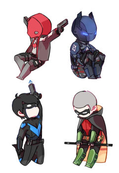 armor batman:_arkham batman:_arkham_knight batman_(series) belt black_hair body_armor bodysuit boots brothers cape chibi dc_comics dick_grayson domino_mask dual_wielding escrima_stick eye_mask fingerless_gloves gauntlets gloves grapnel gun helmet highres holding holster jason_todd mask multiple_boys nightwing power_armor red_hood_(dc) robin_(dc) siblings staff tim_drake weapon