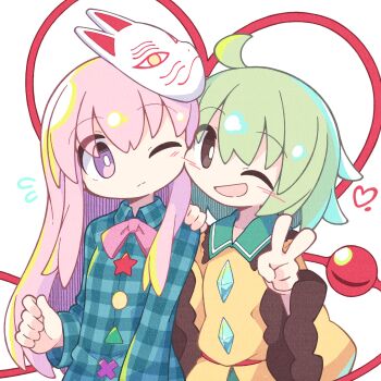 2girls absurdres asameshi black_eyes blue_shirt blush bow bowtie buttons diamond_button eyeball flying_sweatdrops fox_mask frilled_shirt_collar frilled_sleeves frills green_hair green_skirt hata_no_kokoro heart heart_of_string highres komeiji_koishi mask mask_on_head multiple_girls noh_mask one_eye_closed pink_bow pink_bowtie pink_eyes pink_hair plaid_clothes plaid_shirt shirt skirt smile third_eye touhou v white_background wide_sleeves yellow_shirt