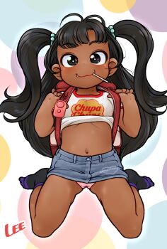 1girl :3 artist_name backpack bag black_eyes black_hair black_socks blue_skirt borrowed_character breasts candy chupa_chups closed_mouth clothes_lift commentary_request crime_prevention_buzzer dark-skinned_female dark_skin denim denim_skirt fangs fangs_out female_focus food food_in_mouth full_body hair_bobbles hair_ornament jojifuku lee_(colt) loli lollipop long_hair looking_at_viewer miniskirt mouth_hold navel no_shoes original panties pink_panties print_shirt randoseru red_bag shirt shirt_lift sitting skirt small_breasts smile socks solo two_side_up underwear variant_set wariza white_shirt