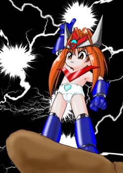 1girl arm_up armor armored_boots armored_gloves black_background blue_boots blue_gloves boots brown_eyes brown_hair cameltoe cliff crotch_seam electricity flat_chest gloves great_mazinger great_mazinger_(robot) headgear horns index_finger_raised loli long_hair manoyuya_(artist) mazinger_(series) mecha_musume nipples panties personification print_shirt red_armor shirt smile standing topless_female underwear white_panties