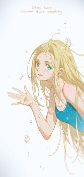 1girl blonde_hair blue_eyes blue_one-piece_swimsuit blush breasts bright_pupils bubble character_name commentary copyright_name english_commentary glint highres jewelry kofune_ushio long_hair looking_at_viewer medium_breasts necklace one-piece_swimsuit open_mouth shell shell_necklace smile solo summertime_render swimsuit tidsean very_long_hair waving white_background white_pupils