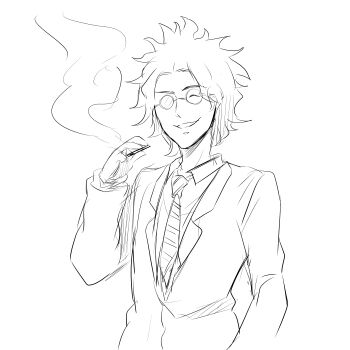 1boy ^_^ cigarette closed_eyes collared_shirt disheveled disheveled_hair formal_clothes glasses greyscale grin hand_up happy holding holding_cigarette jacket kimi_ga_shine lineart long_sleeves male_focus messy_hair mishima_kazumi_(kimi_ga_shine) monochrome necktie opaque_glasses parted_lips partially_opaque_glasses photoshop_(medium) round_eyewear shirt short_hair simple_background sketch smile smoke smoking solo spectacles standing striped_necktie suit suit_jacket teacher teacher_outfit teeth undershirt unfinished upper_body white_background