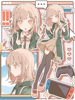 ! !! ... 1girl bag black_thighhighs blue_sky blush breasts brown_hair brown_skirt collared_shirt commentary controller danganronpa_(series) danganronpa_2:_goodbye_despair dualsense eyelashes flipped_hair game_controller hair_ornament handheld_game_console heart highres holding holding_bag hood hope's_peak_academy_school_uniform index_finger_raised jacket kida_kida long_sleeves looking_at_viewer medium_hair nanami_chiaki neck_ribbon nintendo_switch open_clothes open_jacket open_mouth outline pink_bag pink_eyes pink_ribbon pixel_heart playstation_controller pleated_skirt ribbon school_uniform shirt skirt sky solo sparkle spoken_ellipsis thighhighs two-tone_shirt white_outline white_shirt