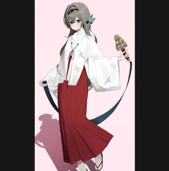 Rule 34 | 13 (jjusan13), 1girl, absurdres, bell, black hairband, blue pupils, blue ribbon, blush, firefly (honkai: star rail), gradient hair, grey hair, hair between eyes, hair intakes, hair ornament, hair ribbon, hairband, hakama, hakama skirt, highres, holding, holding bell, honkai: star rail, honkai (series), japanese clothes, long hair, miko, multicolored eyes, multicolored hair, red hakama, ribbon, skirt, slippers, socks, solo, white socks