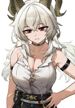 1girl arm_strap bare_shoulders black_choker black_eyes black_horns black_pants breasts button_gap choker cleavage closed_mouth collarbone curled_horns hair_between_eyes hand_on_own_hip high-waist_pants highres horns huiqie large_breasts long_hair looking_at_viewer missing_commentary multicolored_eyes pants red_eyes shirt shirt_tucked_in solo two-tone_eyes upper_body white_hair white_shirt wuthering_waves zani_(wuthering_waves)